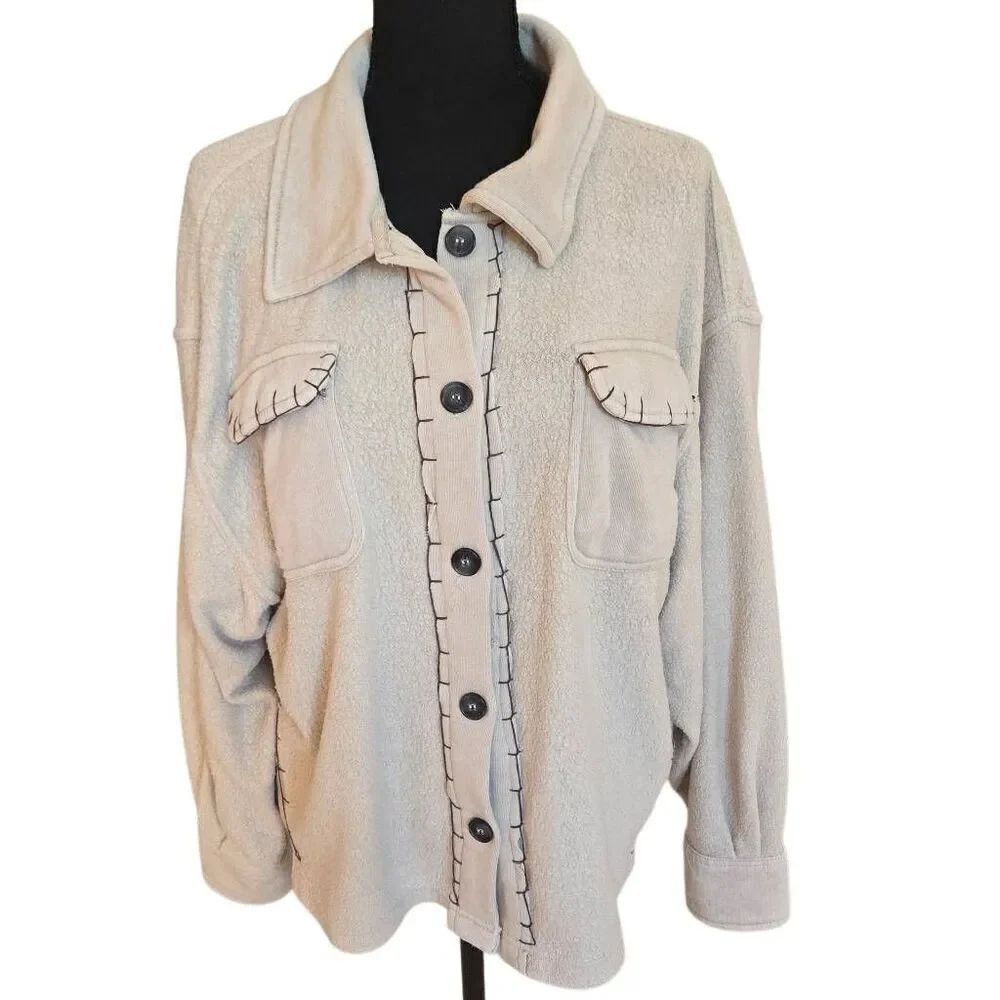 Vintage Havana Womens Button Front Burnout Oversized Sherpa Shacket Beige Medium